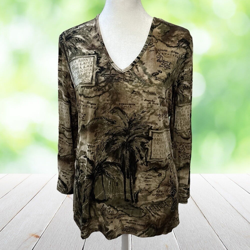 Vintage CHICOS Travelers Top Slinky Brown Tropical Map Print USA Made Size 1 (M)